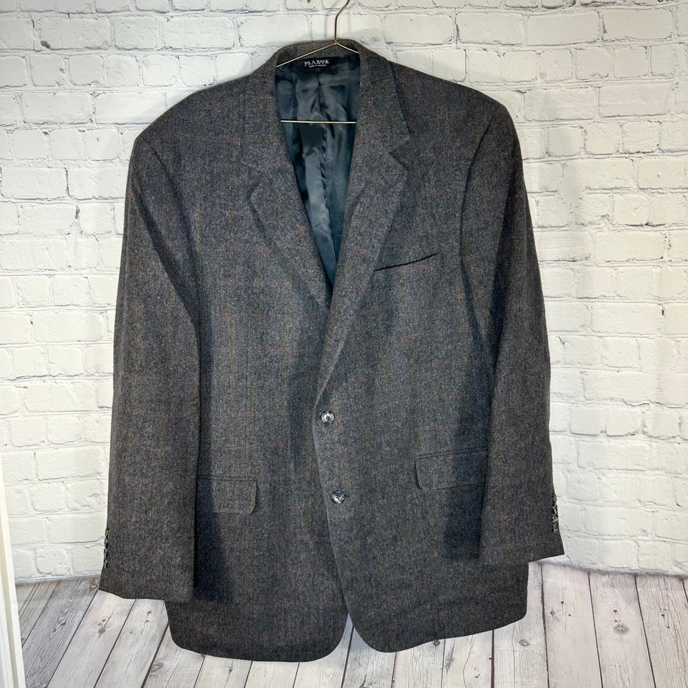 Jos A Bank Gordon 100% Camel Hair Blazer 46 Long Gray Herringbone Windowpane Men
